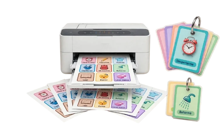 Impresora imprimiendo las tarjetas de rutinas y tarjetas plastificadas listas para usar